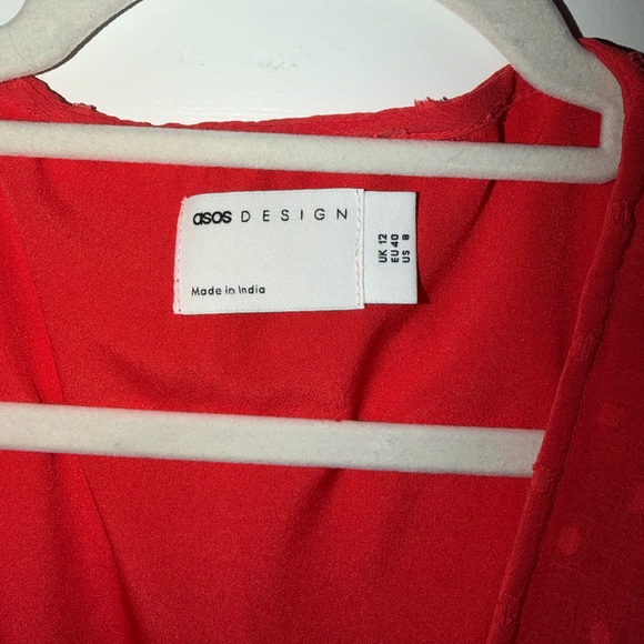 ASOS DESIGN Red Swiss Dot Pleated Mini Dress | US 8 | Wrap V Neck - Picture 6 of 7